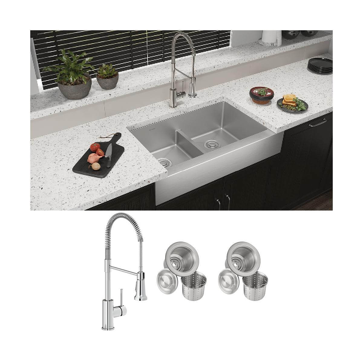 Elkay Crosstown 36" Stainless Steel Farmhouse Sink with Faucet, 50/50 with Aqua Divide Double Bowl, Polished Satin, 18 Gauge, ECTRUFA32179FCC
