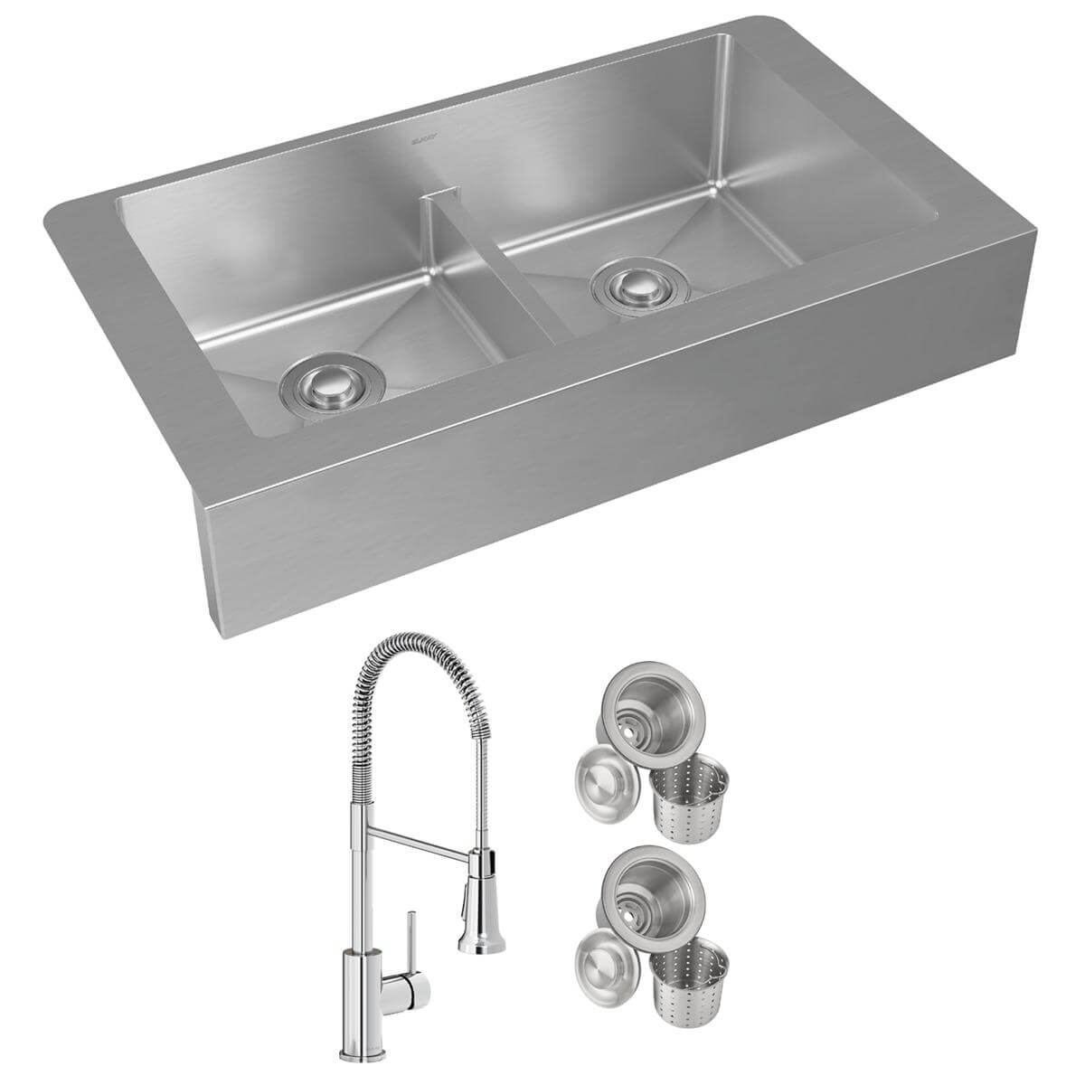 Elkay Crosstown 36" Stainless Steel Farmhouse Sink with Faucet, 50/50 with Aqua Divide Double Bowl, Polished Satin, 18 Gauge, ECTRUFA32179FCC