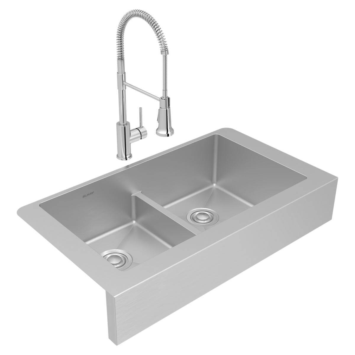 Elkay Crosstown 36" Stainless Steel Farmhouse Sink with Faucet, 50/50 with Aqua Divide Double Bowl, Polished Satin, 18 Gauge, ECTRUFA32179FCC