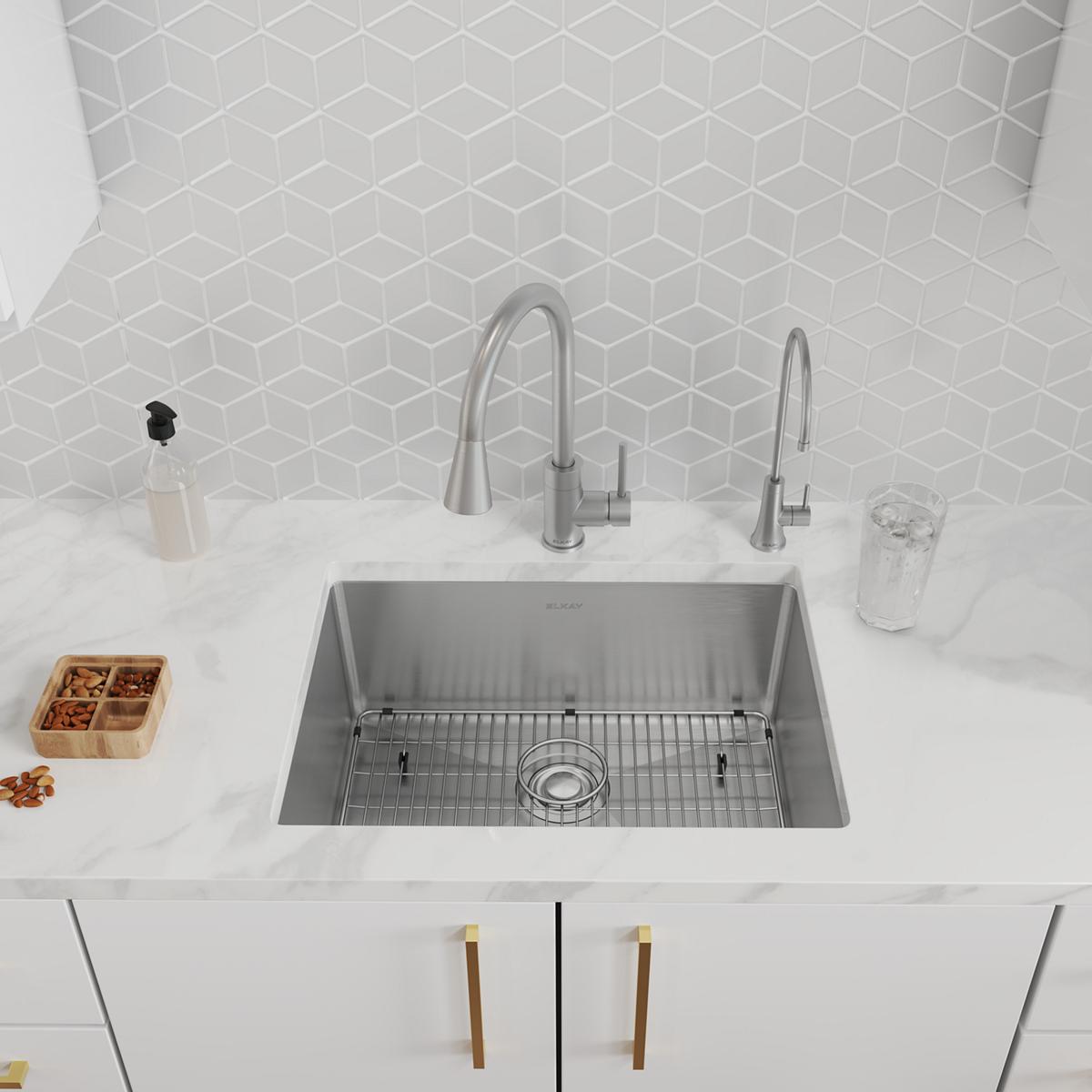 Elkay Crosstown 25" Dual Mount Stainless Steel Kitchen Sink Kit with Faucet, Custom Faucet Holes, ECTSR25229TFGB