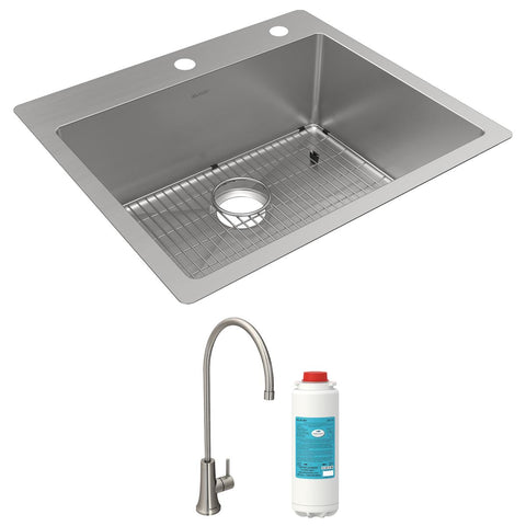 Elkay Crosstown 25" Dual Mount Stainless Steel Kitchen Sink Kit with Faucet, Custom Faucet Holes, ECTSR25229TFGB