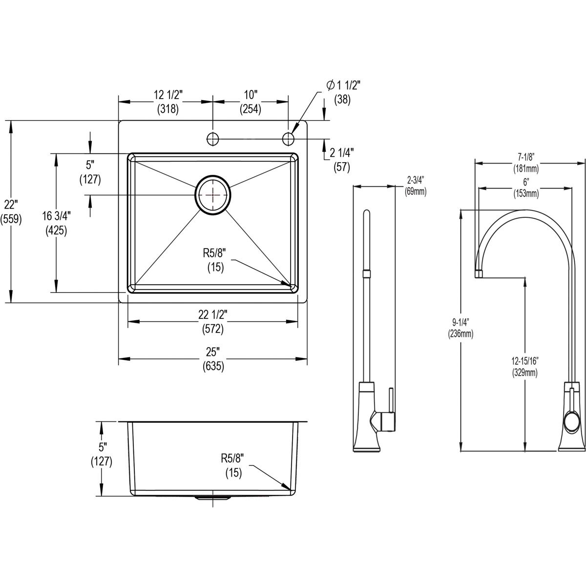 Elkay Crosstown 25" Dual Mount Stainless Steel Kitchen Sink Kit with Faucet, Custom Faucet Holes, ECTSR25229TFGB