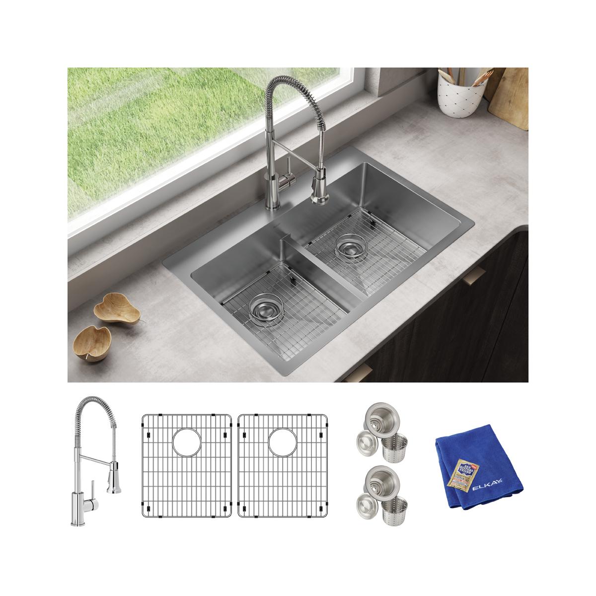 Elkay Crosstown 33" Dual Mount Stainless Steel Kitchen Sink Kit with Faucet, 50/50 with Aqua Divide Double Bowl, Polished Satin, 1 Faucet Hole, ECTSRA33229TFC