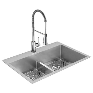 Alternate Image for Elkay Crosstown 33" Dual Mount Stainless Steel Kitchen Sink Kit with Faucet, 50/50 with Aqua Divide Double Bowl, Polished Satin, 1 Faucet Hole, ECTSRA33229TFC
