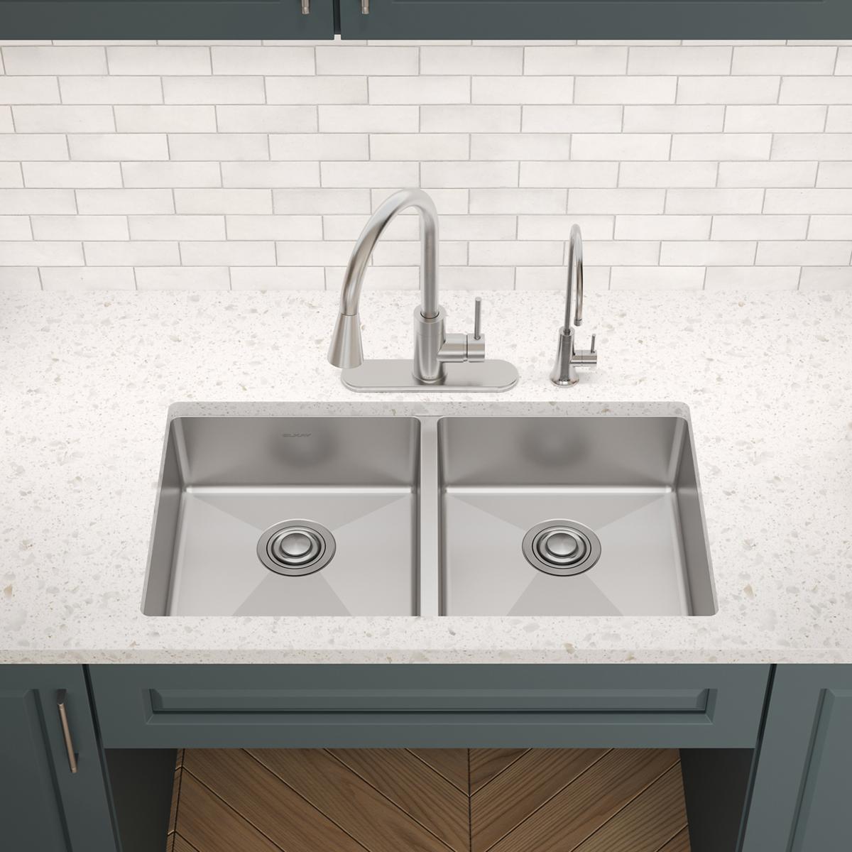 Elkay Crosstown 33" Dual Mount Stainless Steel ADA Kitchen Sink, 50/50 Double Bowl, Polished Satin, 2 Faucet Holes, ECTSRAD3322602
