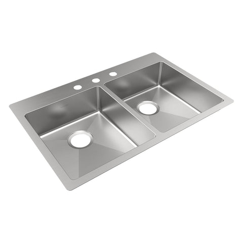 Elkay Crosstown 33" Dual Mount Stainless Steel ADA Kitchen Sink, 50/50 Double Bowl, Polished Satin, 3 Faucet Holes, ECTSRAD3322603