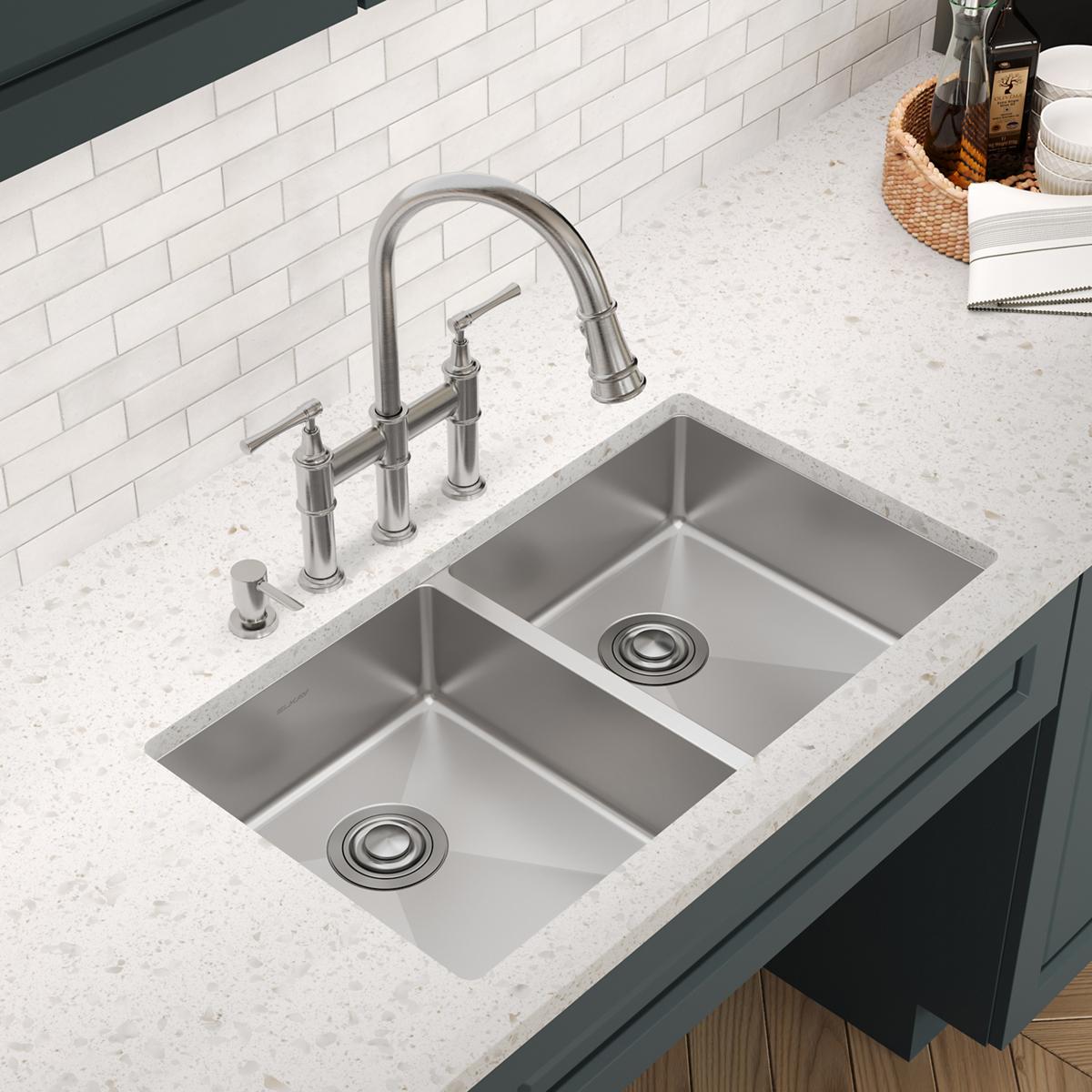 Elkay Crosstown 33" Dual Mount Stainless Steel ADA Kitchen Sink, 50/50 Double Bowl, Polished Satin, 4 Faucet Holes, ECTSRAD3322604