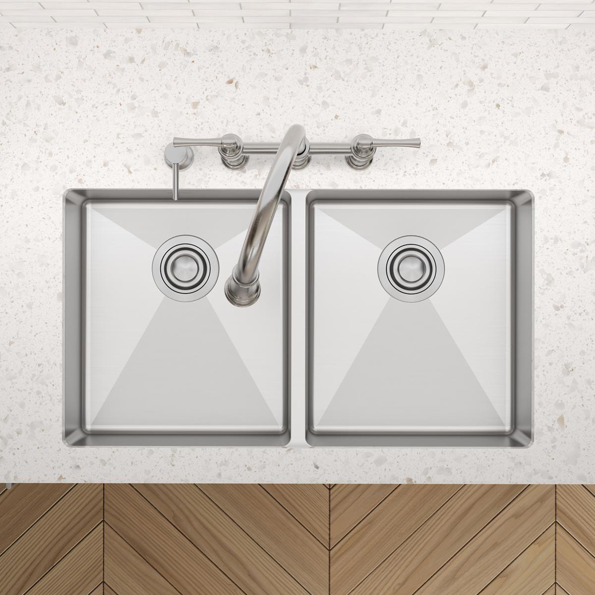 Elkay Crosstown 33" Dual Mount Stainless Steel ADA Kitchen Sink, 50/50 Double Bowl, Polished Satin, 4 Faucet Holes, ECTSRAD3322604