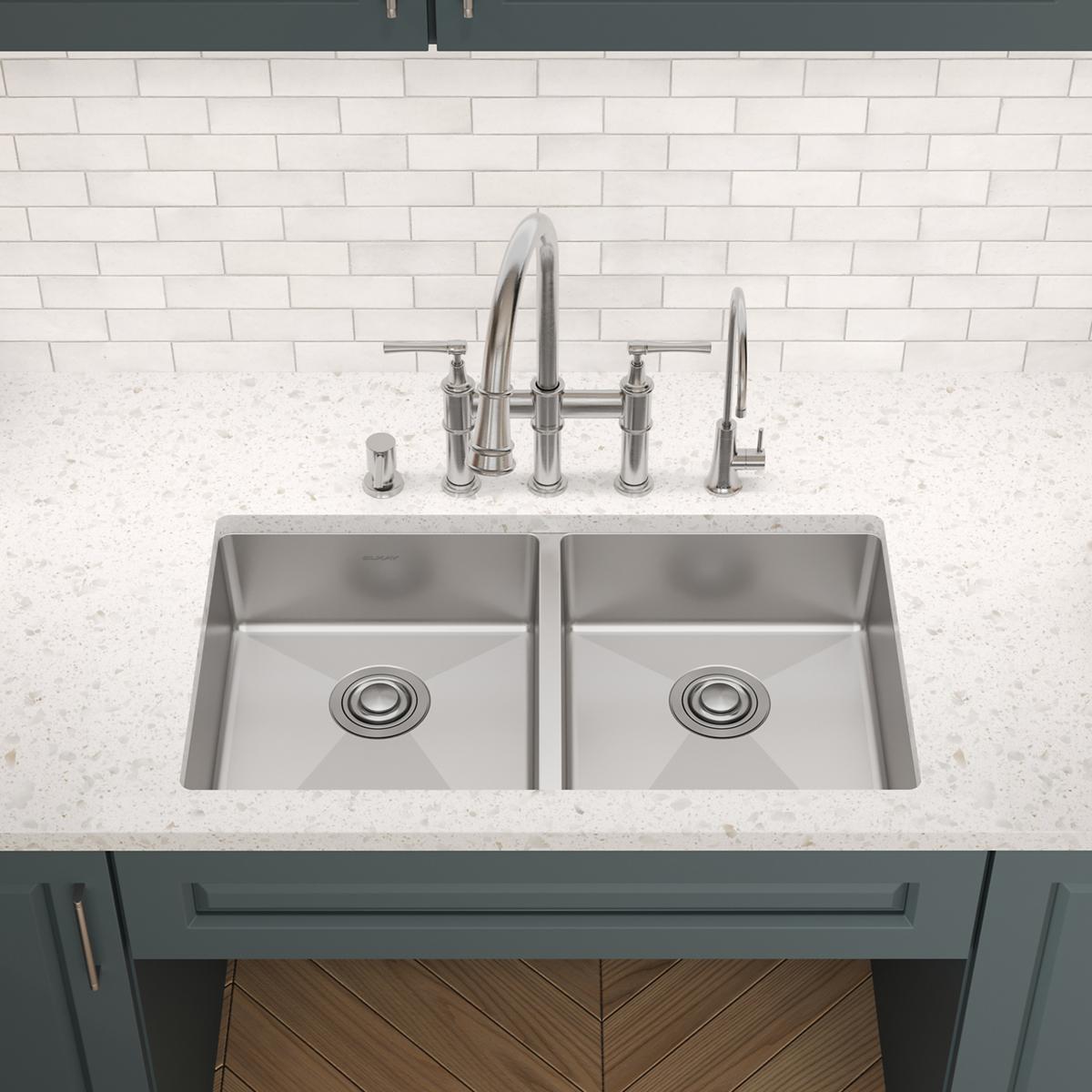 Elkay Crosstown 33" Dual Mount Stainless Steel ADA Kitchen Sink, 50/50 Double Bowl, Polished Satin, 5 Faucet Holes, ECTSRAD3322605