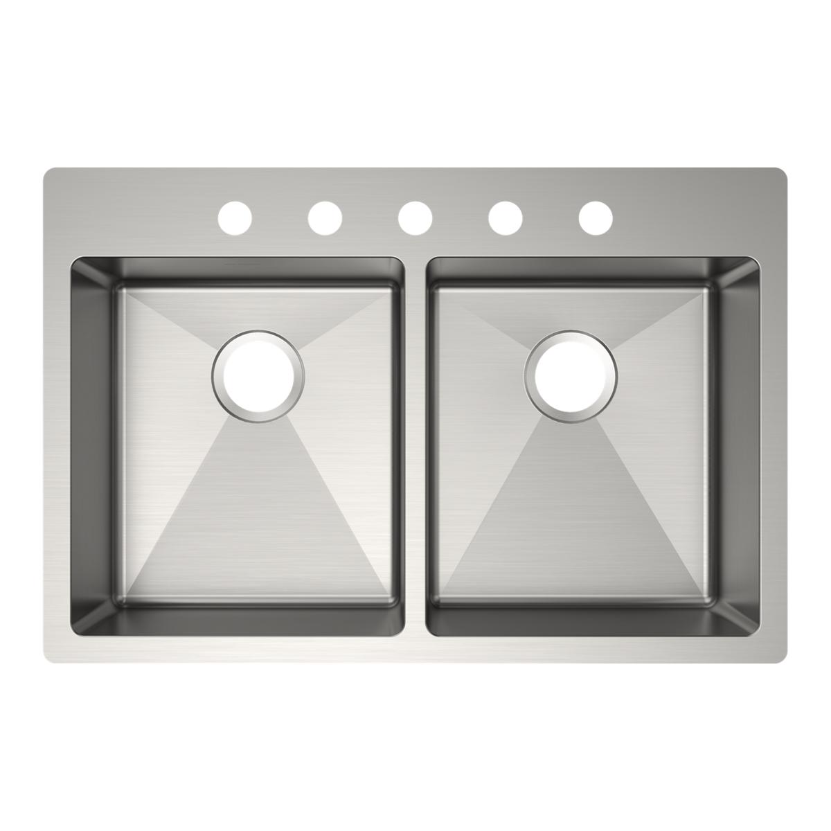 Elkay Crosstown 33" Dual Mount Stainless Steel ADA Kitchen Sink, 50/50 Double Bowl, Polished Satin, 5 Faucet Holes, ECTSRAD3322605