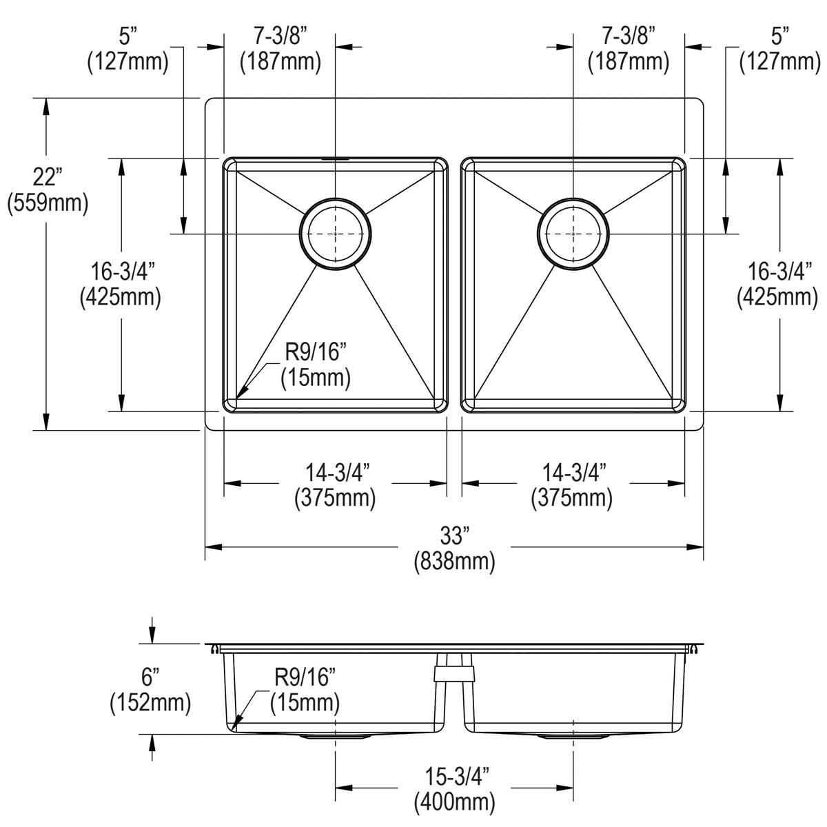Elkay Crosstown 33" Dual Mount Stainless Steel ADA Kitchen Sink, 50/50 Double Bowl, Polished Satin, No Faucet Hole, ECTSRAD3322600