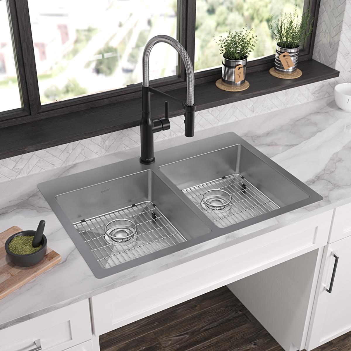 Elkay Crosstown 33" Dual Mount Stainless Steel ADA Kitchen Sink Kit, 50/50 Double Bowl, Polished Satin, No Faucet Hole, ECTSRAD33226TBG0