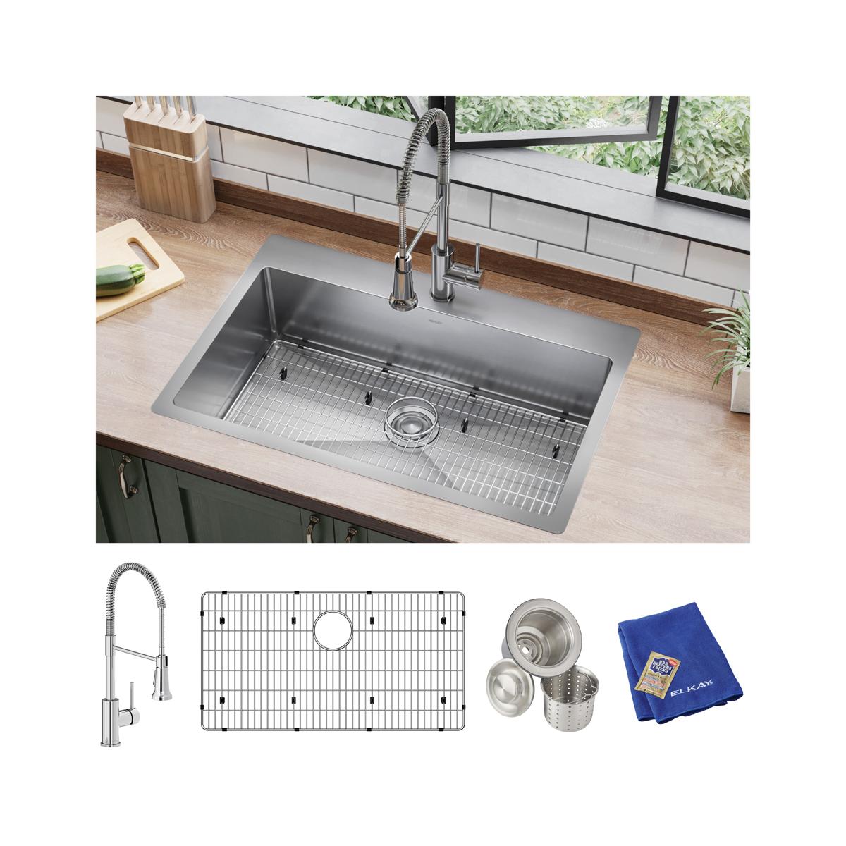 Elkay Crosstown 33" Dual Mount Stainless Steel Kitchen Sink Kit with Faucet, Polished Satin, 1 Faucet Hole, ECTSRS33229TFC