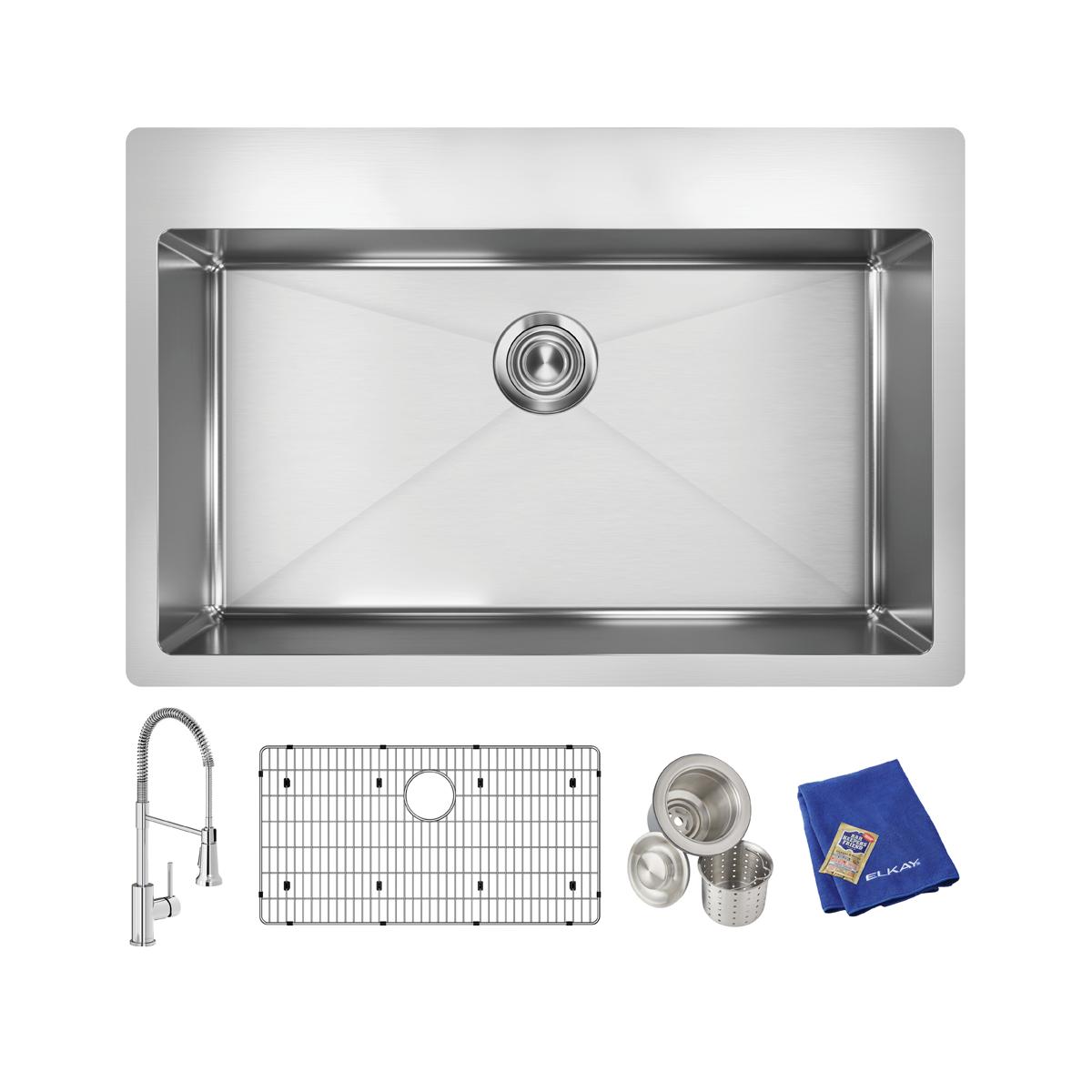 Elkay Crosstown 33" Dual Mount Stainless Steel Kitchen Sink Kit with Faucet, Polished Satin, 1 Faucet Hole, ECTSRS33229TFC