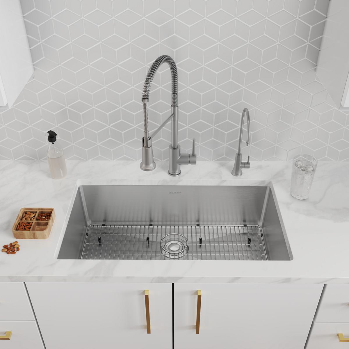 Elkay Crosstown 33" Dual Mount Stainless Steel Kitchen Sink Kit with Faucet, Custom Faucet Holes, ECTSRS33229TFGB