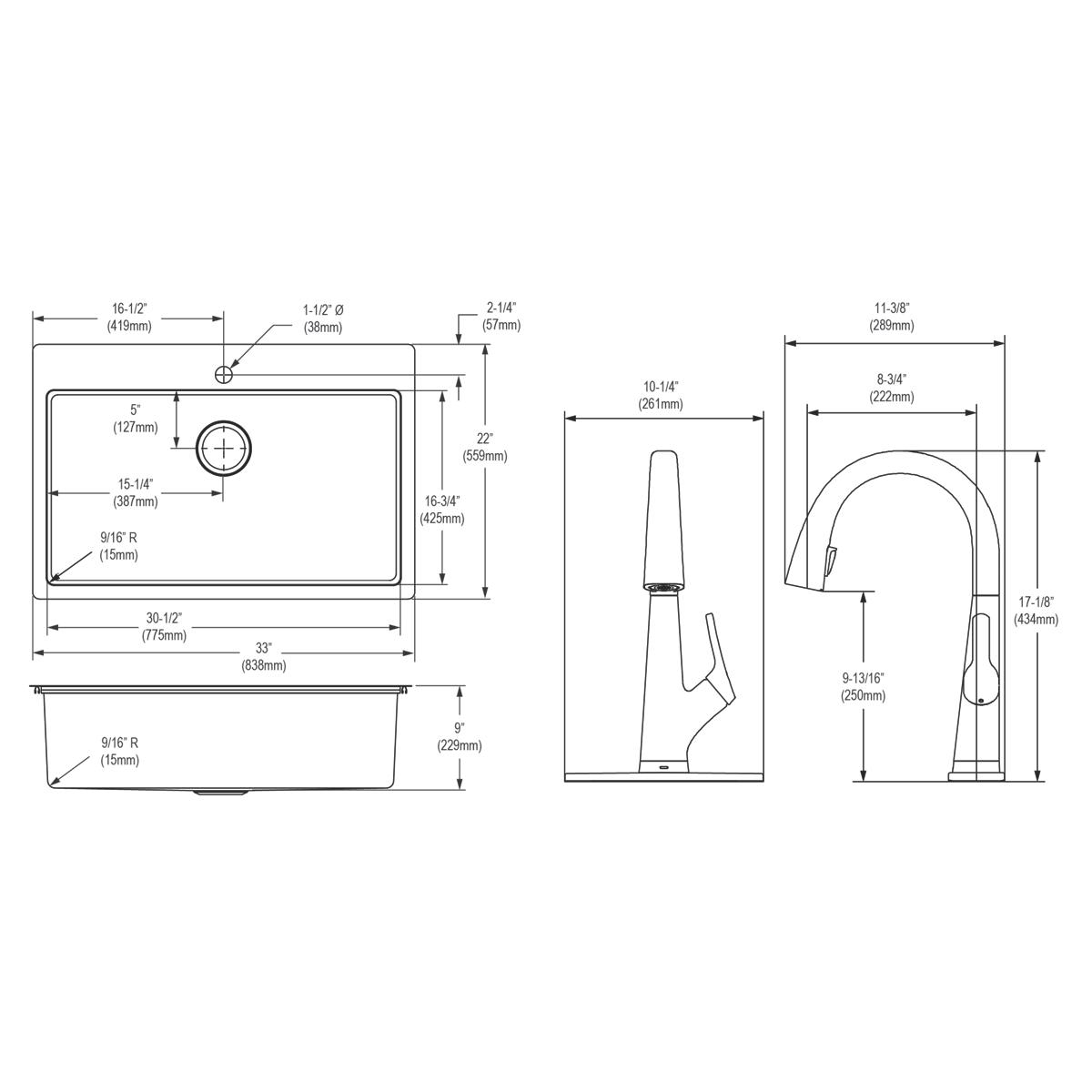 Elkay Crosstown 33" Dual Mount Stainless Steel Kitchen Sink Kit with Faucet, Single Bowl 18 Gauge, ECTSRS33229TFLC