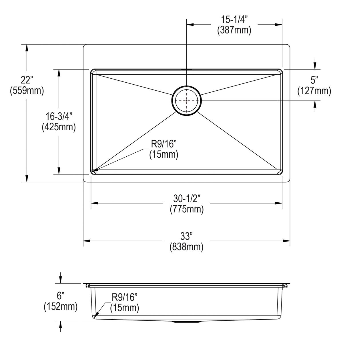 Elkay Crosstown 33" Dual Mount Stainless Steel ADA Kitchen Sink, Polished Satin, No Faucet Hole, ECTSRSAD3322600