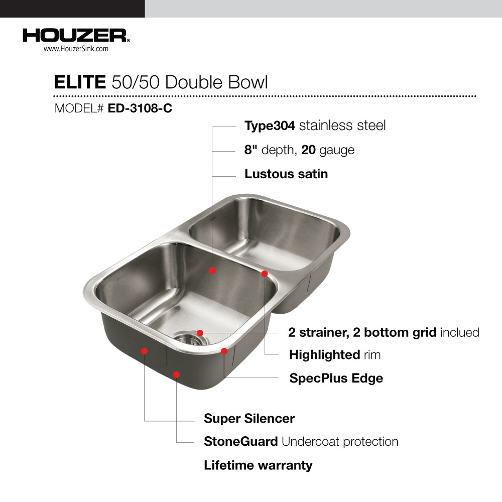 Houzer Elite 31 inch Stainless Steel Undermount 50/50 Double Bowl Kitchen Sink with Strainer & Grid - 20 Gauge, ED-3108-C
