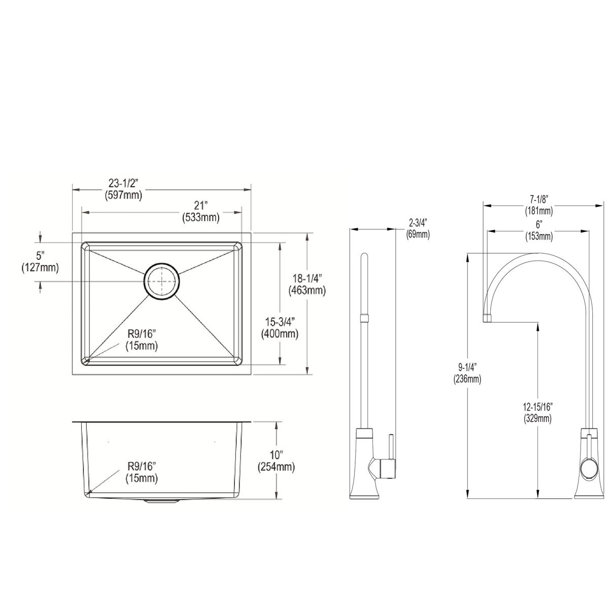 Elkay Crosstown 24" Undermount Stainless Steel Kitchen Sink Kit with Faucet, 16 Gauge, EFRU211510TFG
