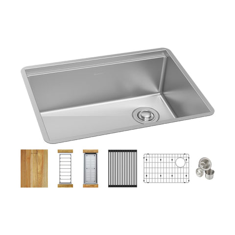Elkay Crosstown 26" Undermount Stainless Steel Workstation Kitchen Sink Kit with Accessories, Polished Satin, 16 Gauge, EFRU24169RTWC