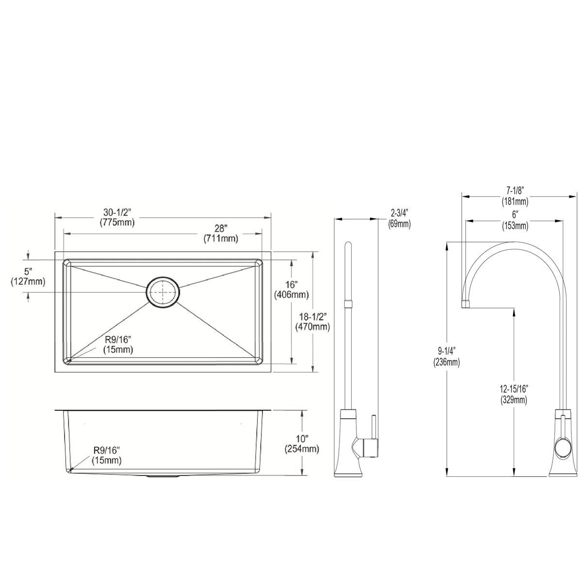 Elkay Crosstown 31" Undermount Stainless Steel Kitchen Sink Kit with Faucet, 16 Gauge, EFRU281610TFG