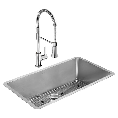 Elkay Crosstown 33" Undermount Stainless Steel Kitchen Sink Kit with Faucet, Polished Satin, 1 Faucet Hole, EFRU311610TFC