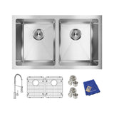 Elkay Crosstown 31" Undermount Stainless Steel Kitchen Sink Kit with Faucet, 50/50 Double Bowl, Polished Satin, 1 Faucet Hole, EFRU311810TFC