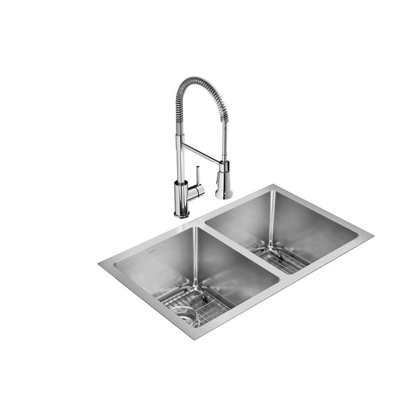 Elkay Crosstown 31" Undermount Stainless Steel Kitchen Sink Kit with Faucet, 50/50 Double Bowl, Polished Satin, 1 Faucet Hole, EFRU311810TFC