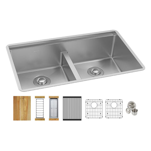 Elkay Crosstown 32" Undermount Stainless Steel Workstation Kitchen Sink Kit with Accessories, 50/50 with Aqua Divide Double Bowl, Polished Satin, 16 Gauge, EFRUAQ31169TWC
