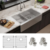 Elkay Crosstown 36" Stainless Steel Farmhouse Sink Kit, 50/50 with Aqua Divide Double Bowl, Polished Satin, 16 Gauge, EFRUFFA3417DBG