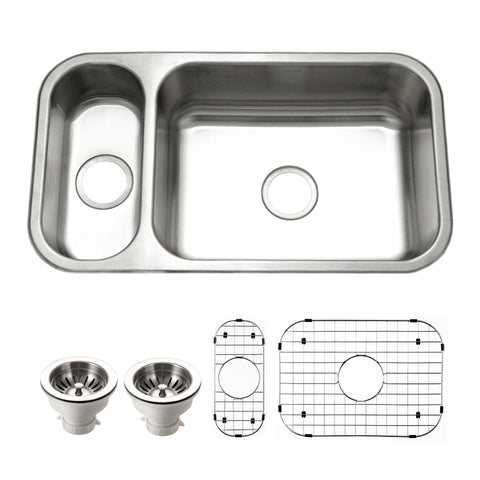 Houzer Elite 31 inch Stainless Steel Undermount 80/20 Small Left Double Bowl Kitchen Sink with Strainer & Grids - 20 Gauge, EHD-3118-C