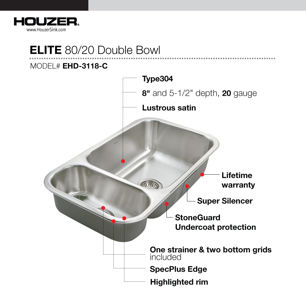 Houzer Elite 31 inch Stainless Steel Undermount 80/20 Small Left Double Bowl Kitchen Sink with Strainer & Grids - 20 Gauge, EHD-3118-C