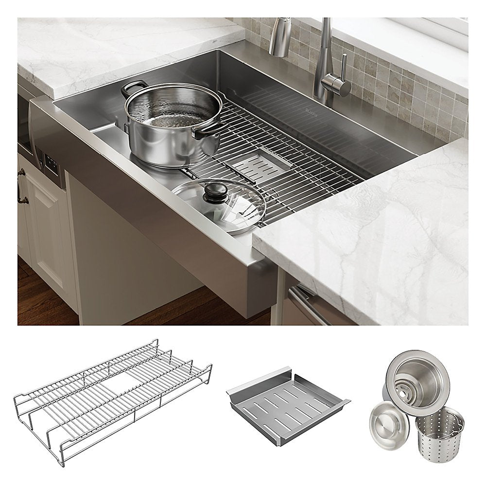 Elkay 36" Stainless Steel ADA Compliant Workstation Farmhouse Sink, Polished Satin, 1 Faucet Hole, ELDSSF36279DBG