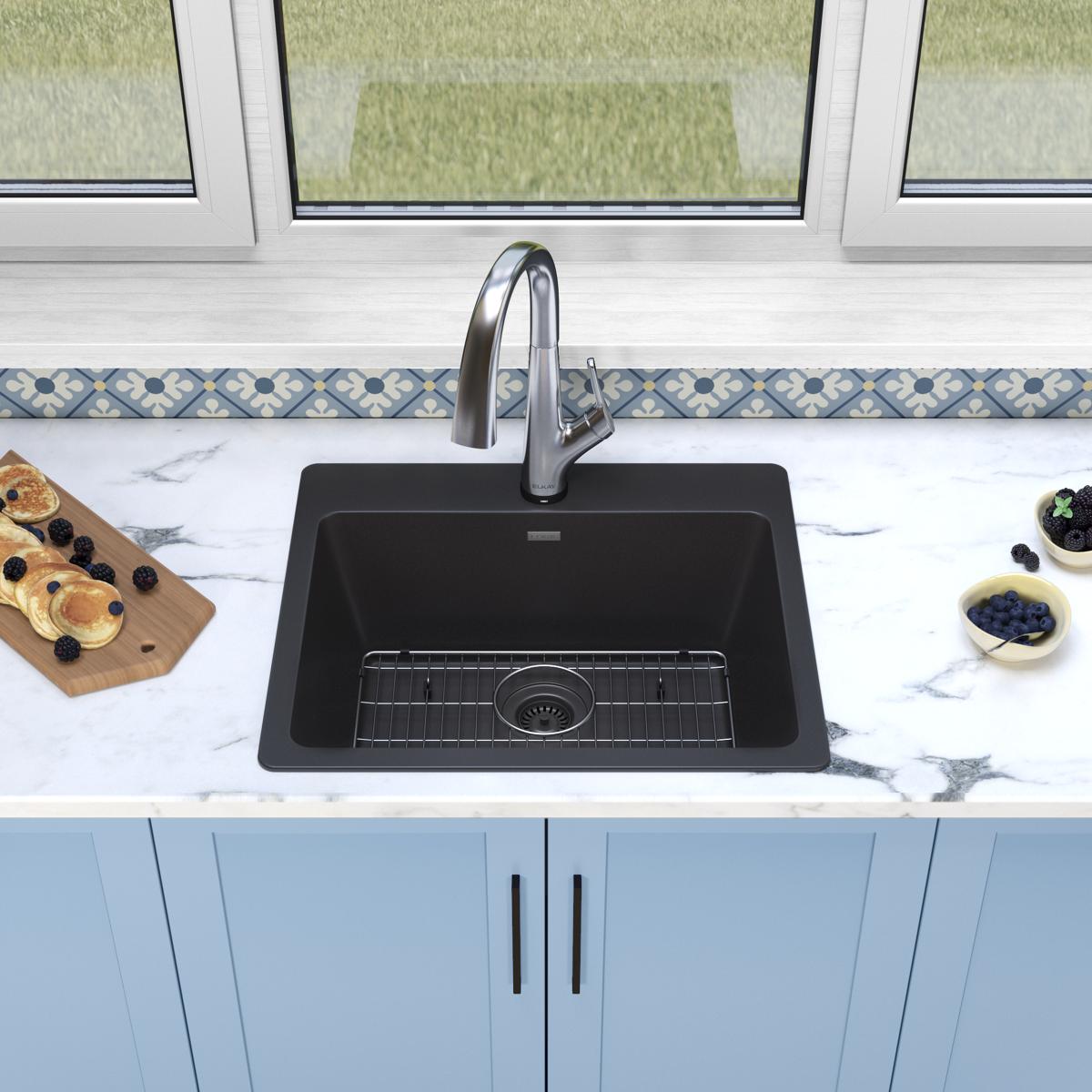 Elkay Quartz Classic 25" Drop In/Topmount Quartz Kitchen Sink Kit with Faucet, Single Bowl Black, 5 Pre-scored Faucet Holes, ELG2522BK0FLC