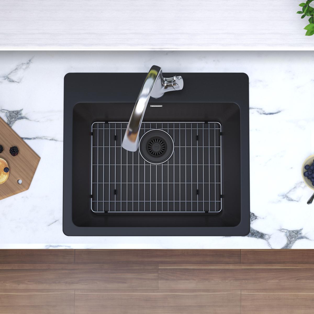 Elkay Quartz Classic 25" Drop In/Topmount Quartz Kitchen Sink Kit with Faucet, Single Bowl Black, 5 Pre-scored Faucet Holes, ELG2522BK0FLC