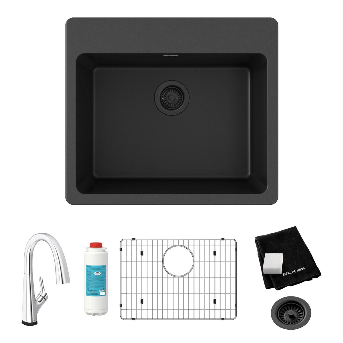 Elkay Quartz Classic 25" Drop In/Topmount Quartz Kitchen Sink Kit with Faucet, Single Bowl Black, 5 Pre-scored Faucet Holes, ELG2522BK0FLC
