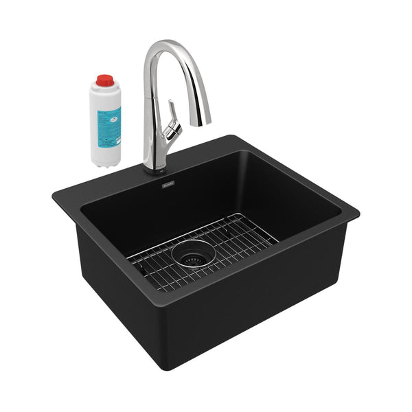 Elkay Quartz Classic 25" Drop In/Topmount Quartz Kitchen Sink Kit with Faucet, Single Bowl Black, 5 Pre-scored Faucet Holes, ELG2522BK0FLC