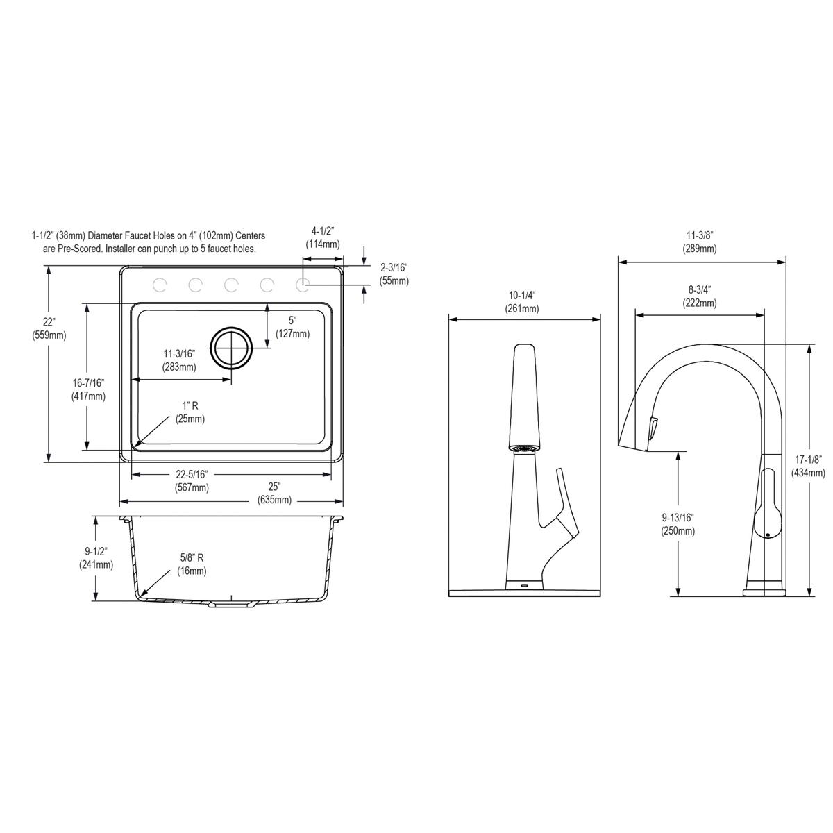 Elkay Quartz Classic 25" Drop In/Topmount Quartz Kitchen Sink Kit with Faucet, Single Bowl Greystone, 5 Pre-scored Faucet Holes, ELG2522GS0FLC
