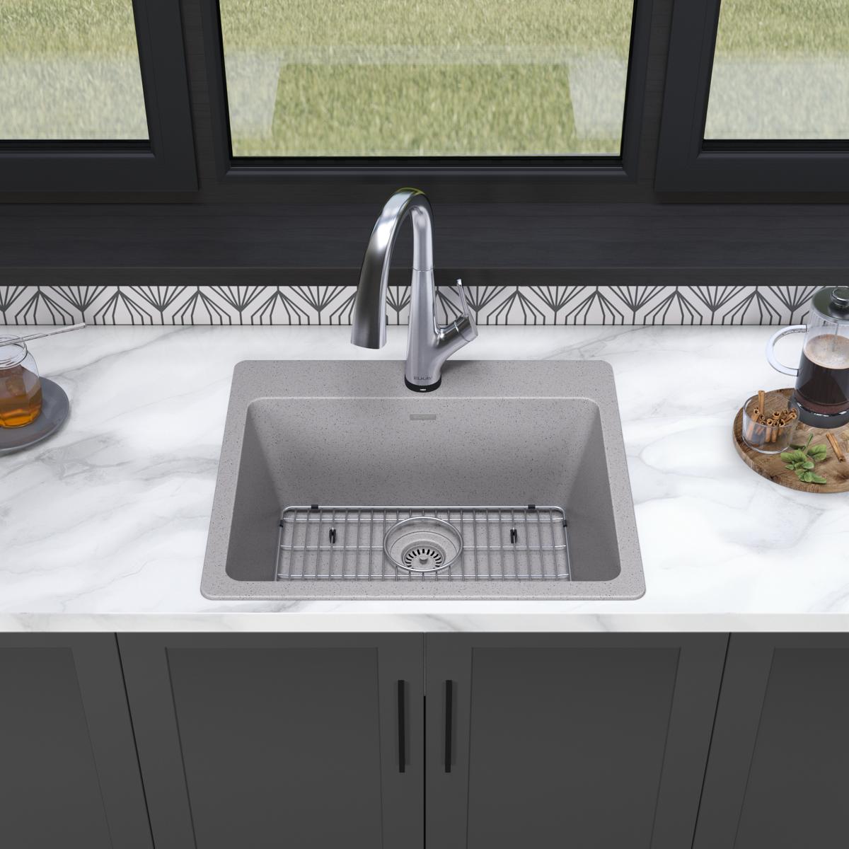 Elkay Quartz Classic 25" Drop In/Topmount Quartz Kitchen Sink Kit with Faucet, Single Bowl Greystone, 5 Pre-scored Faucet Holes, ELG2522GS0FLC