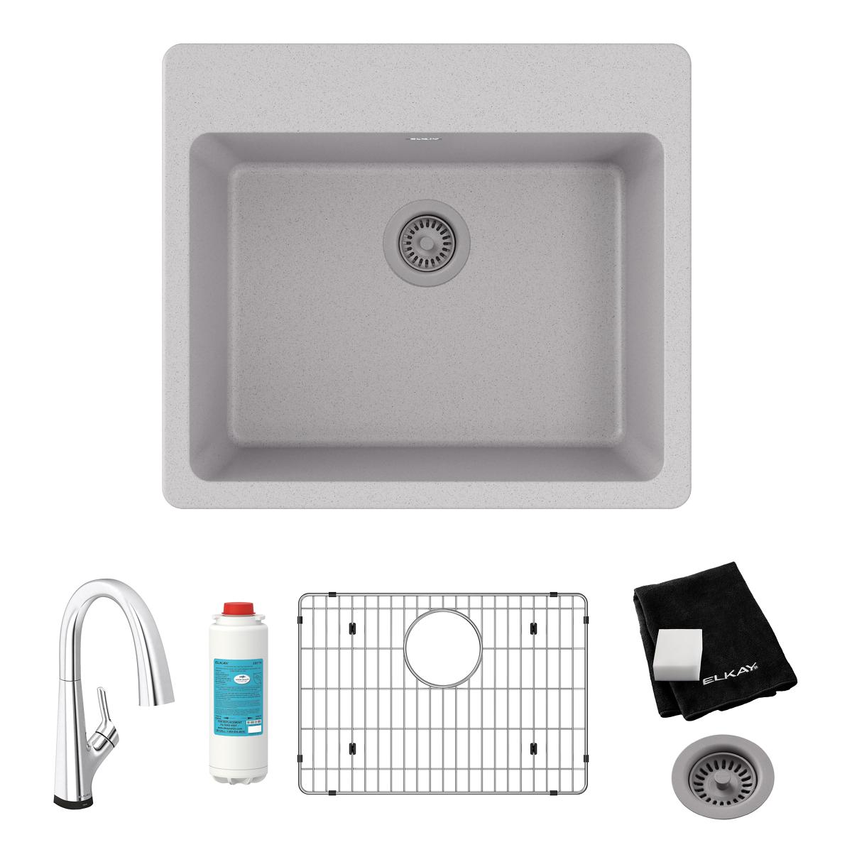 Elkay Quartz Classic 25" Drop In/Topmount Quartz Kitchen Sink Kit with Faucet, Single Bowl Greystone, 5 Pre-scored Faucet Holes, ELG2522GS0FLC