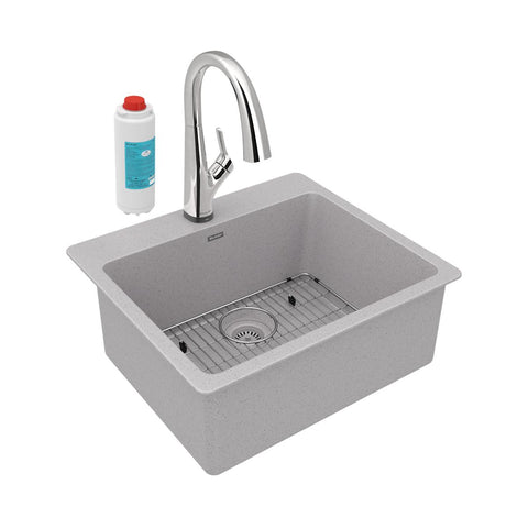 Elkay Quartz Classic 25" Drop In/Topmount Quartz Kitchen Sink Kit with Faucet, Single Bowl Greystone, 5 Pre-scored Faucet Holes, ELG2522GS0FLC