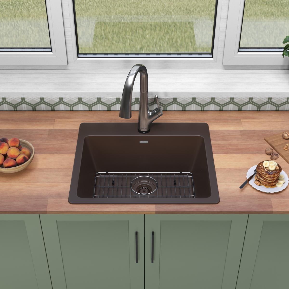 Elkay Quartz Classic 25" Drop In/Topmount Quartz Kitchen Sink Kit with Faucet, Single Bowl Mocha, 5 Pre-scored Faucet Holes, ELG2522MC0FLC