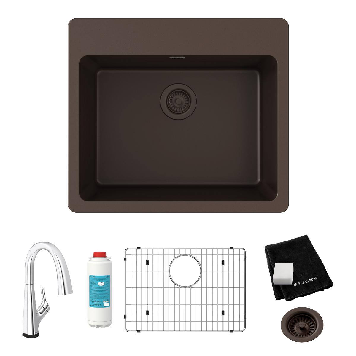 Elkay Quartz Classic 25" Drop In/Topmount Quartz Kitchen Sink Kit with Faucet, Single Bowl Mocha, 5 Pre-scored Faucet Holes, ELG2522MC0FLC