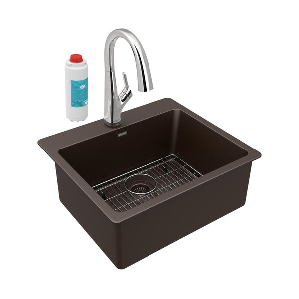 Elkay Quartz Classic 25" Drop In/Topmount Quartz Kitchen Sink Kit with Faucet, Single Bowl Mocha, 5 Pre-scored Faucet Holes, ELG2522MC0FLC