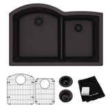 Elkay Quartz Classic 33" Undermount Quartz Kitchen Sink Kit, 60/40 Double Bowl, Black, ELGHU3322RBK0C