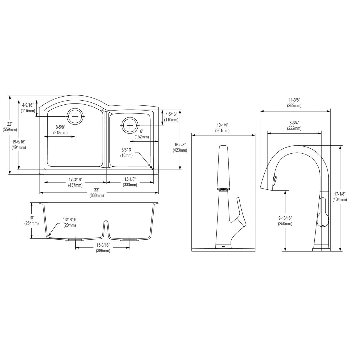 Elkay Quartz Classic 33" Undermount Quartz Kitchen Sink Kit with Faucet, 60/40 Double Bowl, Mocha, ELGHU3322RMCFLC
