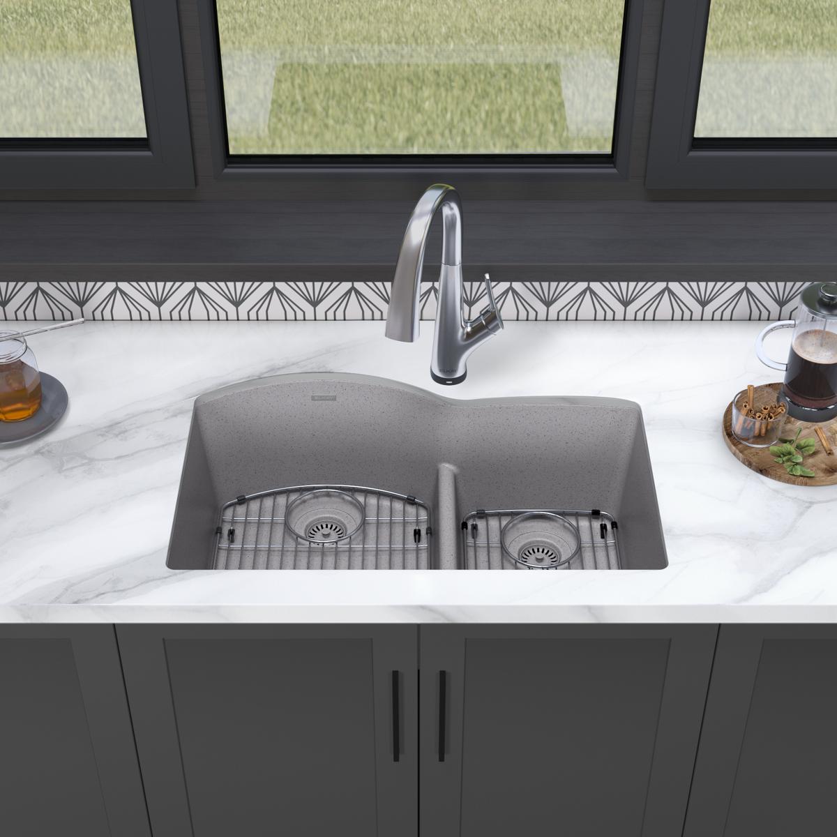 Elkay Quartz Classic 33" Undermount Quartz Kitchen Sink Kit with Faucet, 60/40 Double Bowl, Greystone, ELGHU3322RGSFLC