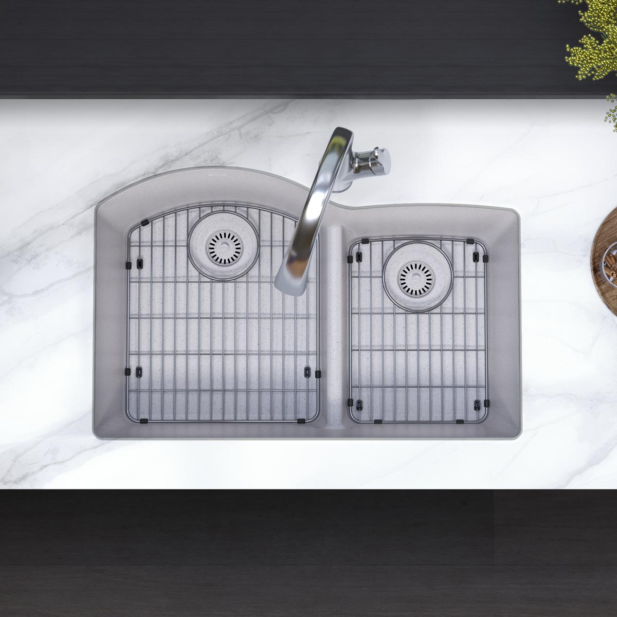 Elkay Quartz Classic 33" Undermount Quartz Kitchen Sink Kit with Faucet, 60/40 Double Bowl, Greystone, ELGHU3322RGSFLC