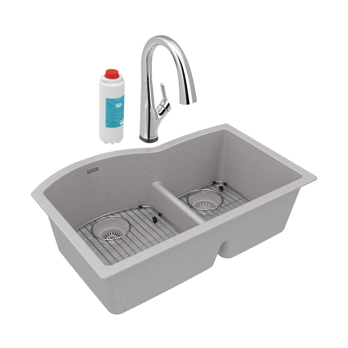 Elkay Quartz Classic 33" Undermount Quartz Kitchen Sink Kit with Faucet, 60/40 Double Bowl, Greystone, ELGHU3322RGSFLC