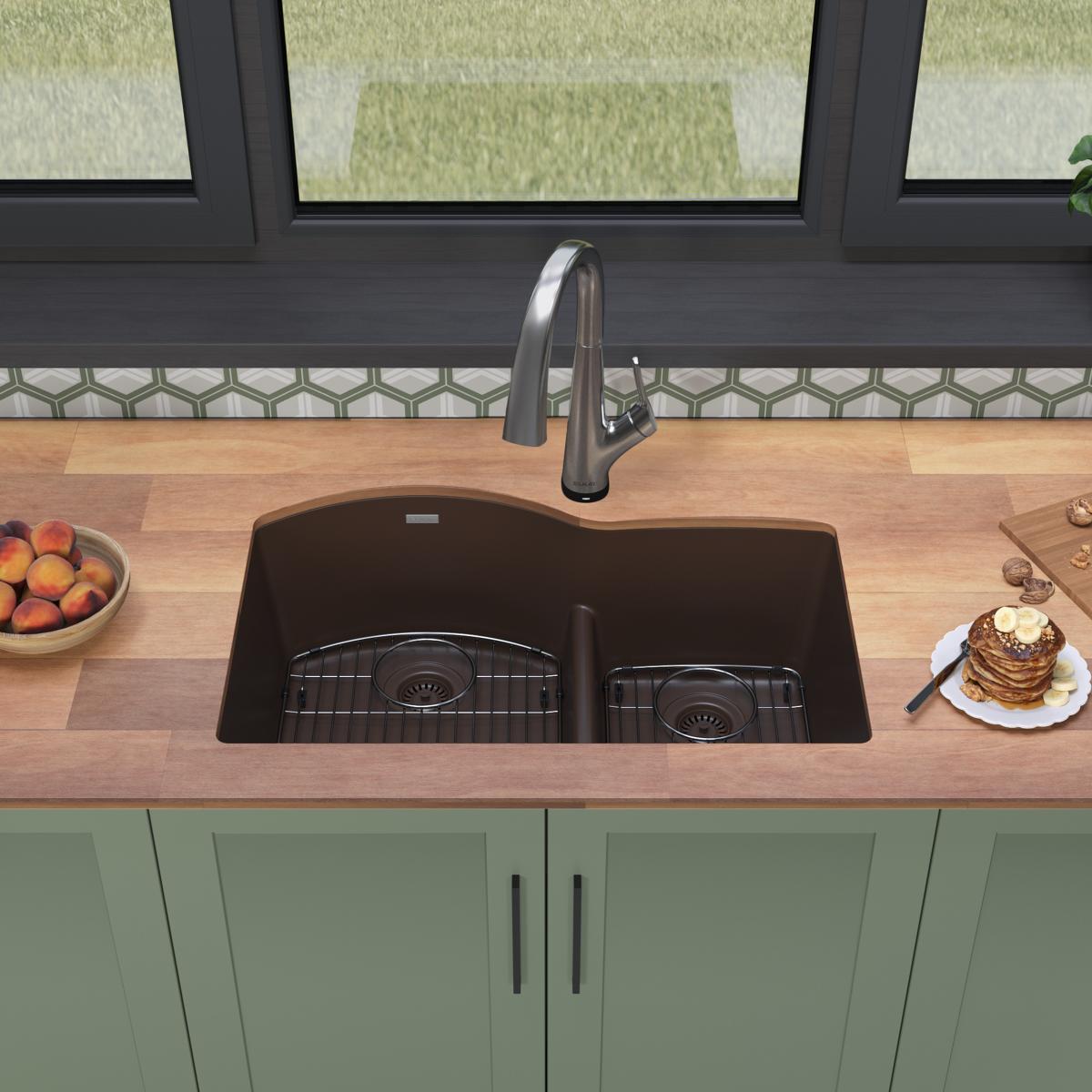 Elkay Quartz Classic 33" Undermount Quartz Kitchen Sink Kit with Faucet, 60/40 Double Bowl, Mocha, ELGHU3322RMCFLC